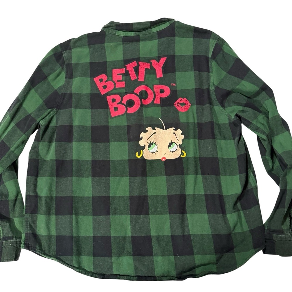 Betty Boop Flannel Shirt Womens 2XL Green Black Check Plaid Sexy Lips Kiss Y2K